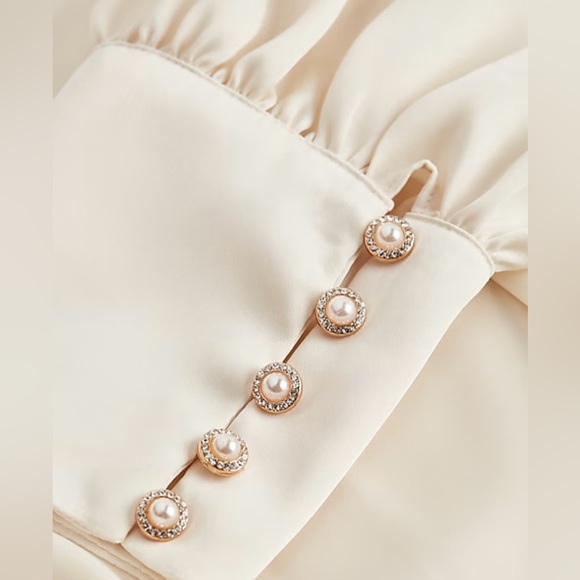 NWT, Express Ivory Embellished Cuff Draped Front Satin Blouse - XS - NWT - Picture 9 of 16
